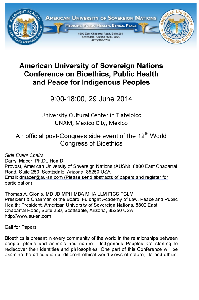 American University of Sovereign Nations Conference on Bioethics, Public Health and Peace for Indigenous Peoples