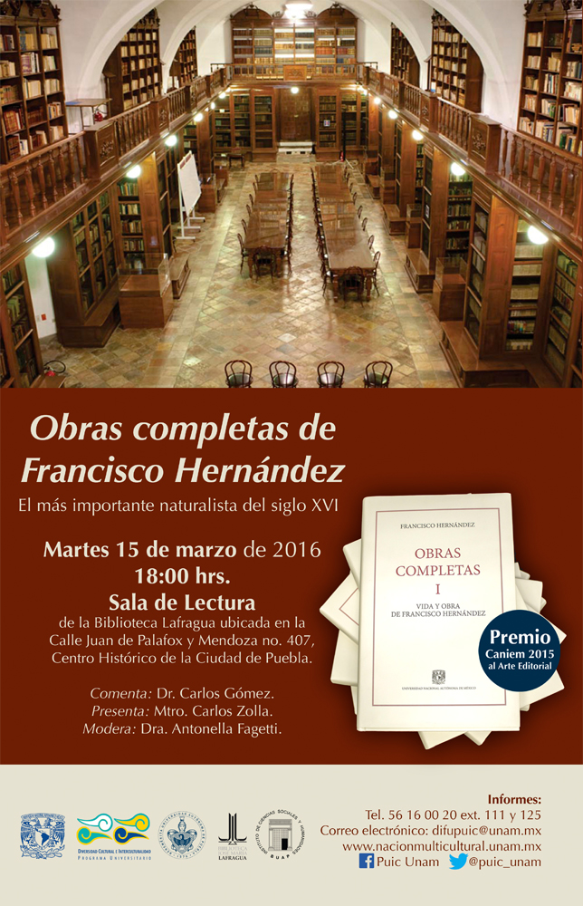 Presentación del libro Obras completas de Francisco Hernaández en Puebla.