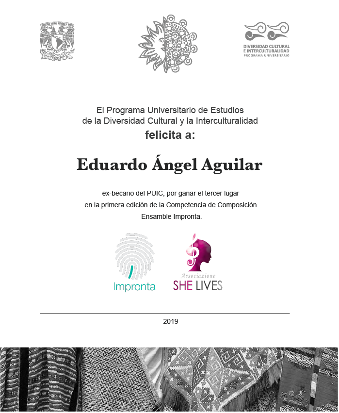 El PUIC felicita a Eduardo Ángel Aguilar Vásquez, ex becario zapoteco por haber sido galardonado con el Tercer lugar en la primera edición de la Competencia de Composición Ensamble Impronta