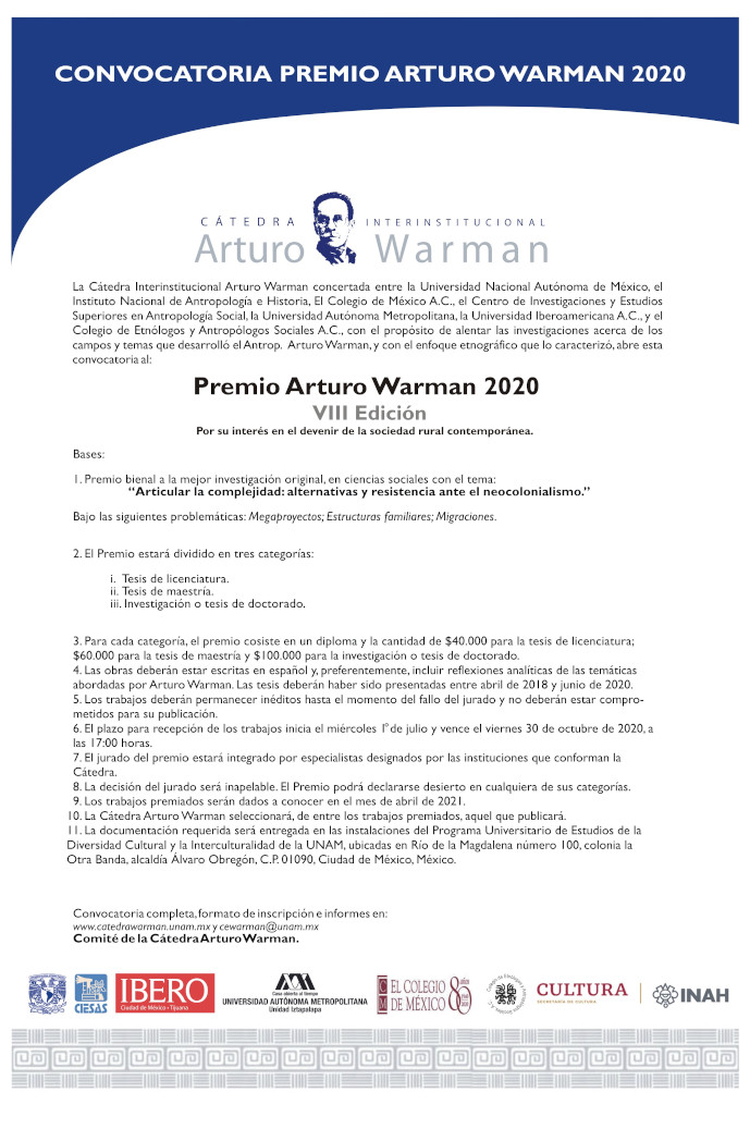 Convocatoria Premio Arturo Warman 2020. Octava edición