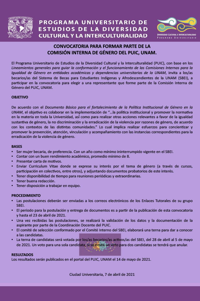 Convocatoria dirigida a los becarios y las becarias del SBEI, para formar parte de la comisión interna de género del PUIC, UNAM.