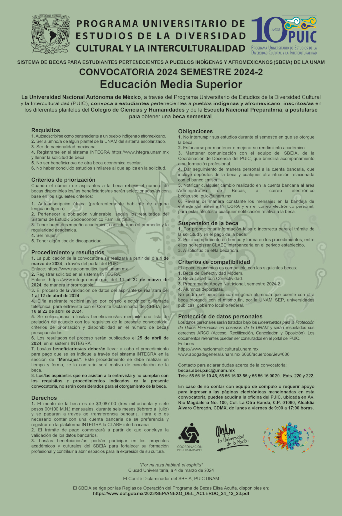 Convocatoria del Sistema de Becas para Estudiantes pertenecientes a Pueblos Indígenas y Afromexicanos (SBEIA) de la UNAM 2024-2 - Educación Media Superior