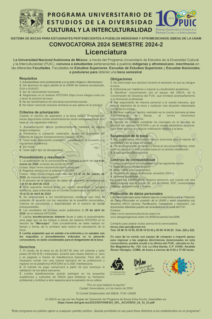 Convocatoria del Sistema de Becas para Estudiantes pertenecientes a Pueblos Indígenas y Afromexicanos (SBEIA) de la UNAM 2024-2 - Licenciatura
