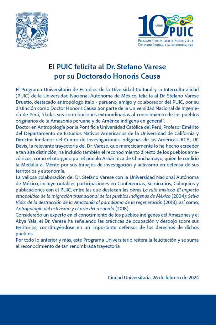 El PUIC felicita al Dr. Stefano Varese Druetto por su distinción como Honoris Causa por parte de la Universidad Nacional de Ingeniería de Perú.